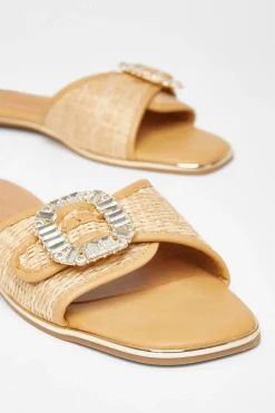 Quiz Diamante Buckle Flat Sandals Beige Discount