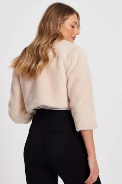 Quiz Faux Fur Crop Sleeve Cape Beige Clearance