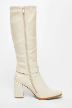 Quiz Faux Leather Knee High Boots Beige Outlet