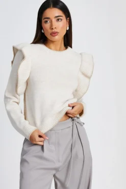 Quiz Knitted Frill Sleeve Jumper Beige Sale