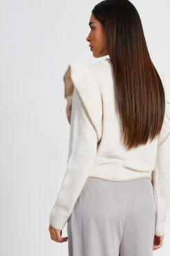 Quiz Knitted Frill Sleeve Jumper Beige Sale