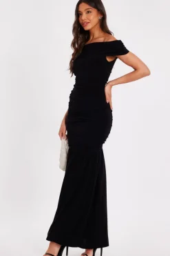 Quiz Bardot Drop Waist Maxi Dress Black Discount