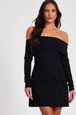 Quiz Black Bardot Long Sleeve Mini Dress Hot