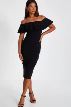 Quiz Black Bardot Ruffle Midi Bodycon Dress New