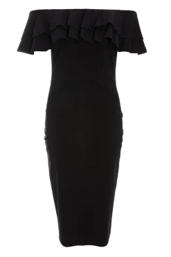 Quiz Black Bardot Ruffle Midi Bodycon Dress New