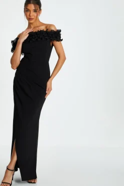 Quiz Black Bardot Ruffle Ruched Maxi Dress New