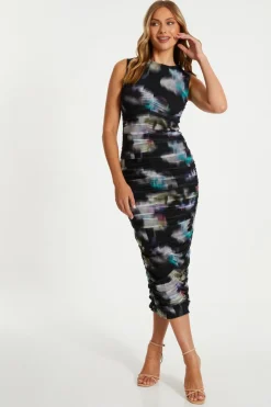 Quiz Black Brushstroke Print Mesh Midaxi Dress Clearance