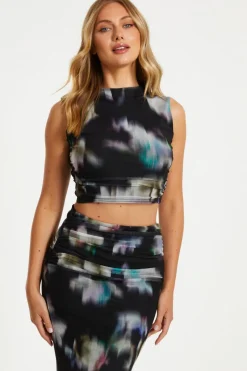 Quiz Black Brushstroke Print Mesh Top
