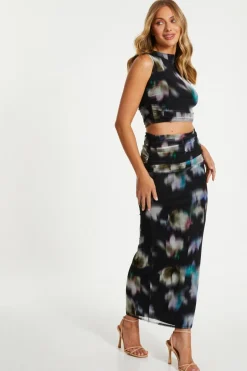Quiz Black Brushstroke Print Mesh Top