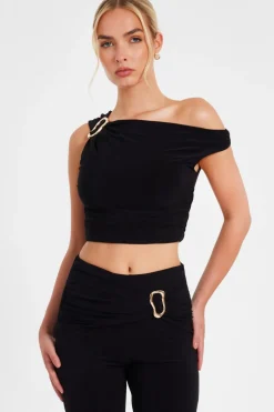 Quiz Buckle Drop Shoulder Top Black Best