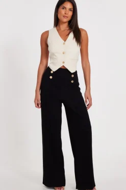 Quiz Button Detail Palazzo Trousers Black Outlet