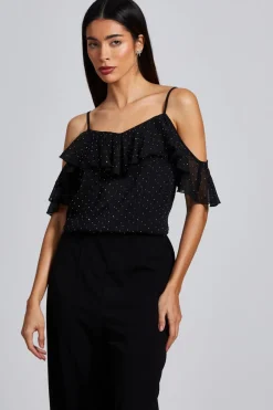 Quiz Chiffon Cold Shoulder Top Black