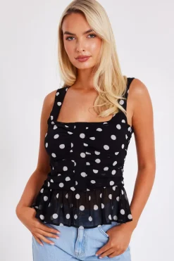 Quiz Black Chiffon Polka Dot Top Clearance