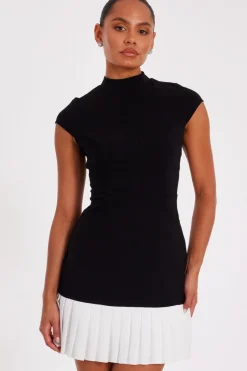 Quiz Black Contrast Pleated Mini Dress Clearance