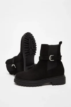 Quiz Black Diamante Chunky Buckle Boots Clearance