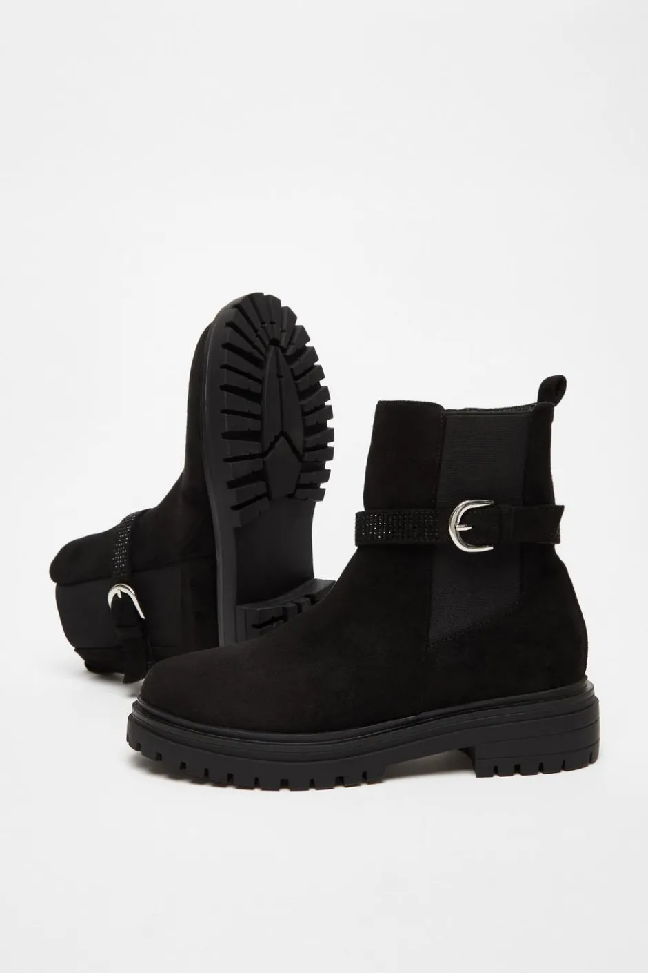Quiz Black Diamante Chunky Buckle Boots Clearance