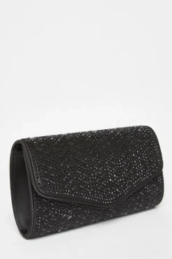 Quiz Diamante Clutch Bag Black New