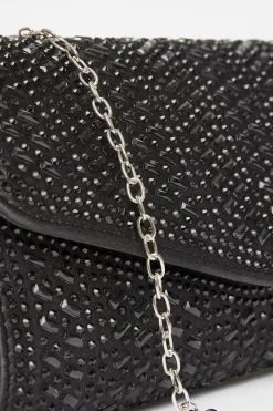 Quiz Diamante Clutch Bag Black New