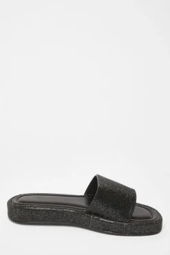 Quiz Diamante Flat Sandals Black Online