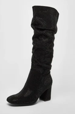 Quiz Black Diamante Knee High Boot Sale