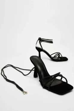 Quiz Diamante Lace Up Heels Black