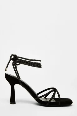 Quiz Diamante Lace Up Heels Black