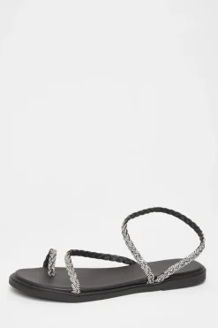 Quiz Diamante Pleated Flat Sandals Black Discount