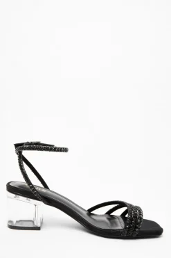Quiz Diamante Strap Low Heel Sandals Black Outlet