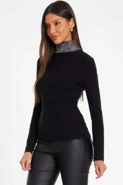 Quiz Diamante Turtle Neck Jumper Black Hot