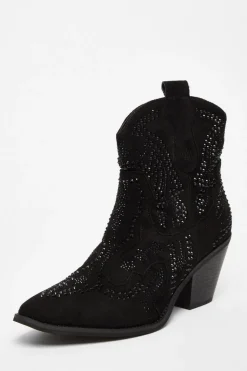 Quiz Black Diamante Western Ankle Boots Discount