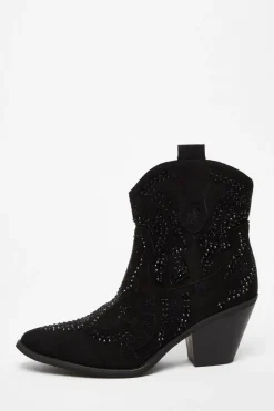 Quiz Black Diamante Western Ankle Boots Discount