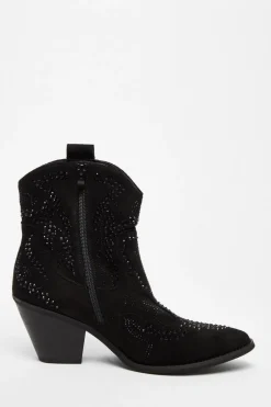 Quiz Black Diamante Western Ankle Boots Discount