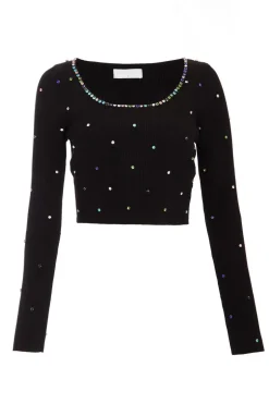 Quiz Black Embellished Knit Cropped Jumper Clearance