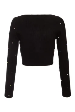Quiz Black Embellished Knit Cropped Jumper Clearance