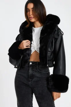 Quiz Faux Fur Bomber Jacket Black Clearance