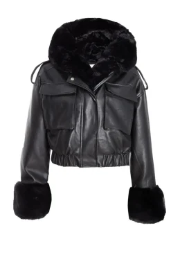 Quiz Faux Fur Bomber Jacket Black Clearance