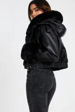 Quiz Faux Fur Bomber Jacket Black Clearance