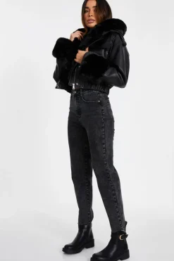 Quiz Faux Fur Bomber Jacket Black Clearance