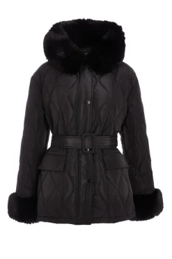 Quiz Faux Fur Trim Jacket Black Best