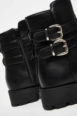 Quiz Black Faux Leather Double Buckle Ankle Boot Clearance
