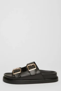 Quiz Faux Leather Flat Sandals Black