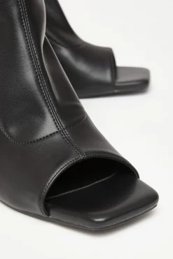 Quiz Black Faux Leather Peep Toe Boots Outlet