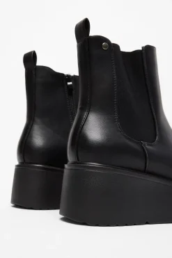Quiz Black Faux Leather Wedged Ankle Boots Clearance
