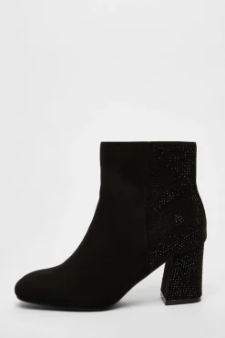 Quiz Black Faux Suede Diamante Heeled Boots Outlet