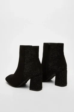 Quiz Black Faux Suede Diamante Heeled Boots Outlet