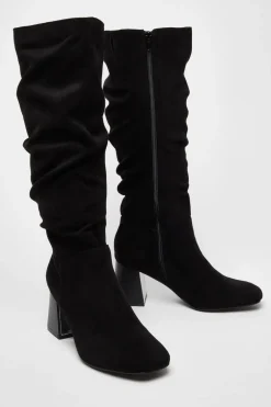 Quiz Faux Suede Ruched Heeled Boots Black Outlet