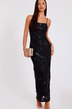 Quiz Floral Applique Midaxi Dress Black Hot