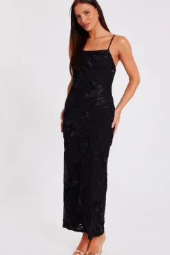 Quiz Floral Applique Midaxi Dress Black Hot
