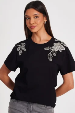 Quiz Black Floral Applique T-Shirt Sale