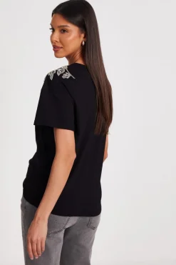 Quiz Black Floral Applique T-Shirt Sale